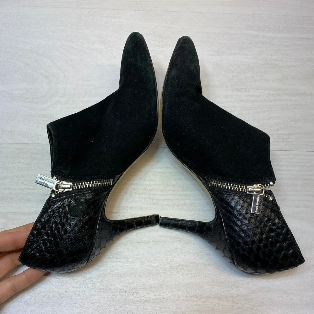 Michael Kors Womens 8M Booties Suede Snake Leather Black Stiletto Zip Shooties